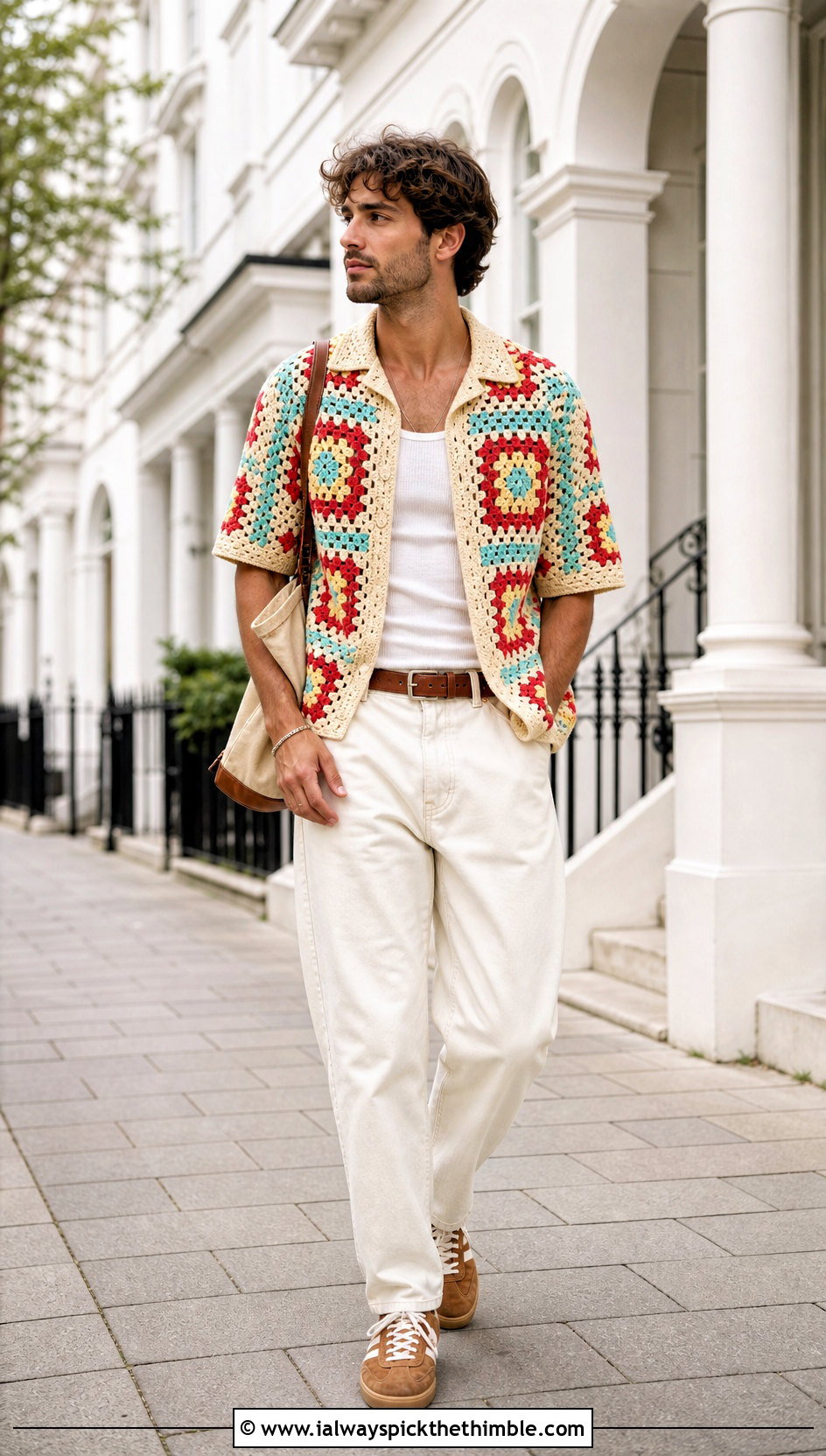 Granny Square Crochet Shirt With Ecru Jeans - 15 men's crochet top outfit ideas