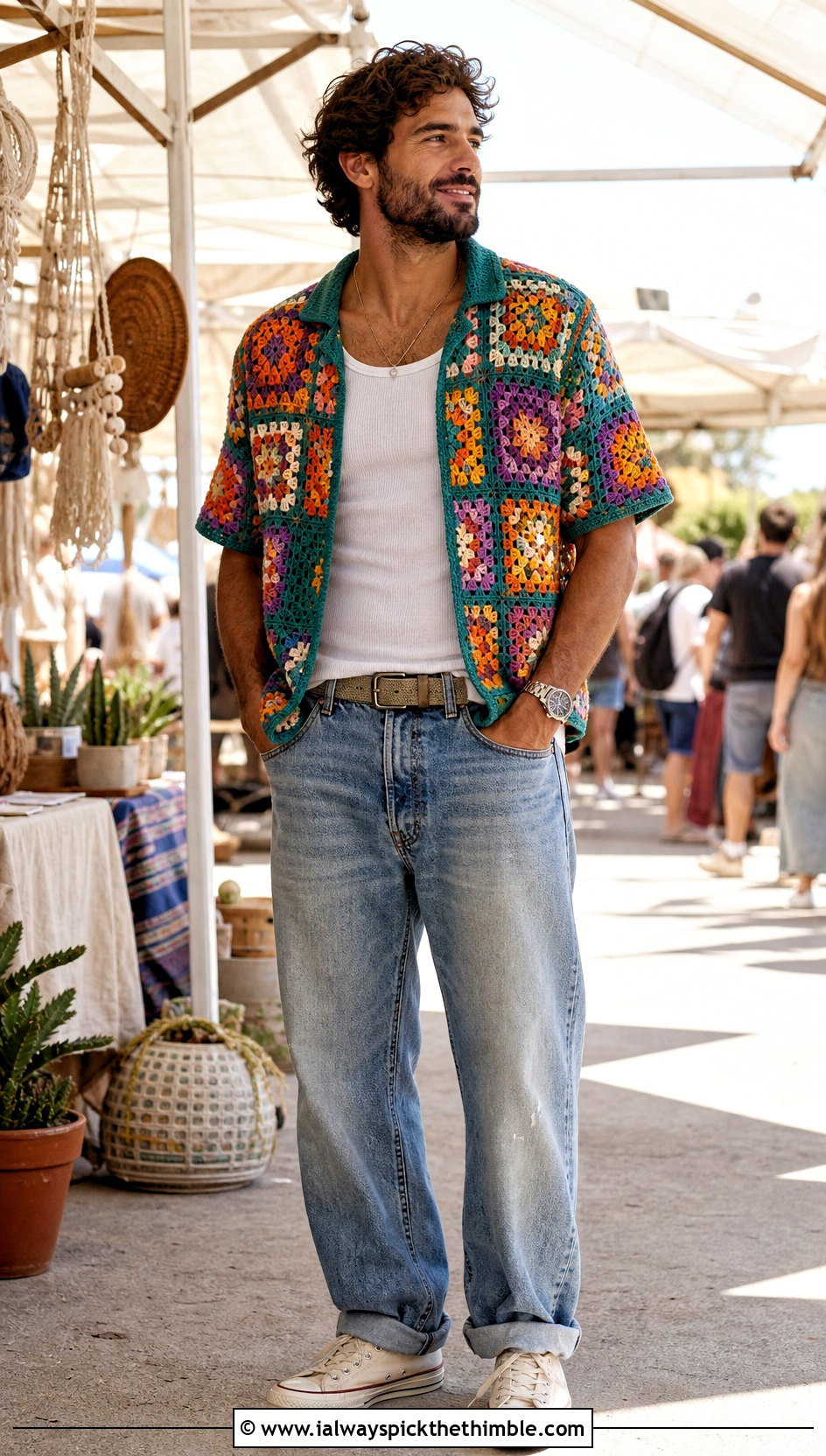 Granny Square Crochet Shirt With Faded Denim - 25 crochet shirts for men outfit ideas