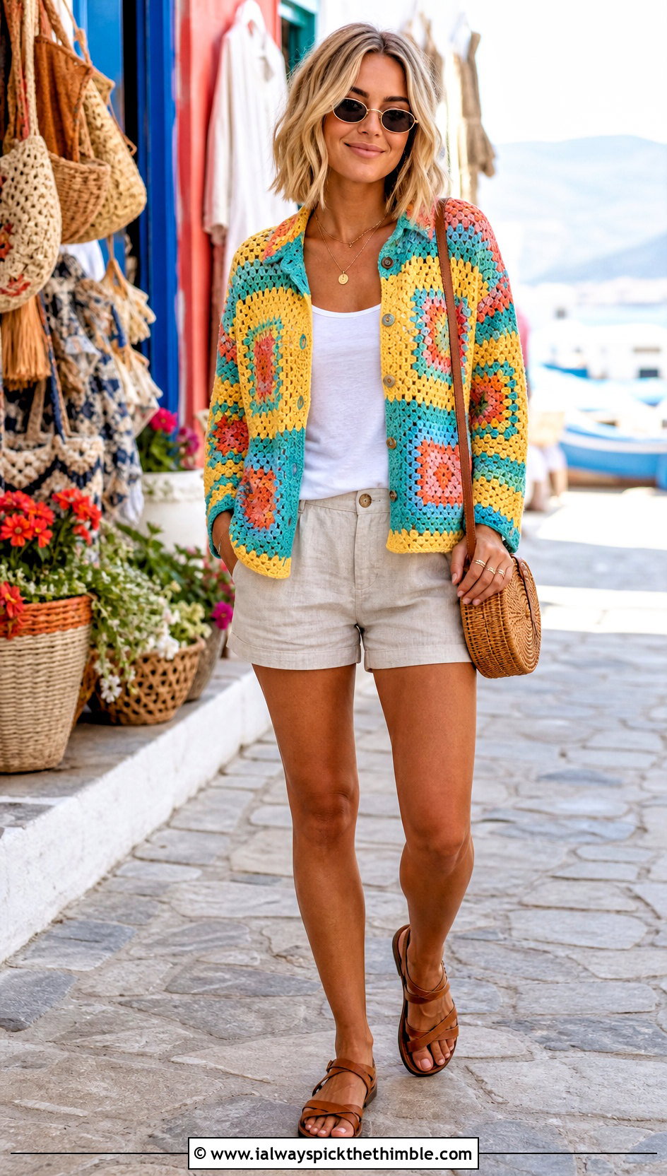 Granny Square Crochet Shirt With Linen Shorts - 25 crochet vacation outfit ideas