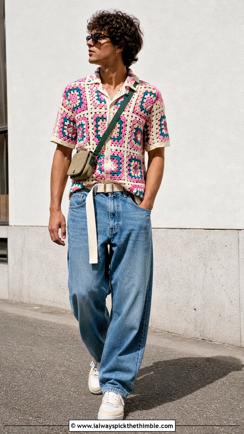 Granny Square Crochet Shirt With Loose Jeans - 25 crochet top men outfit ideas