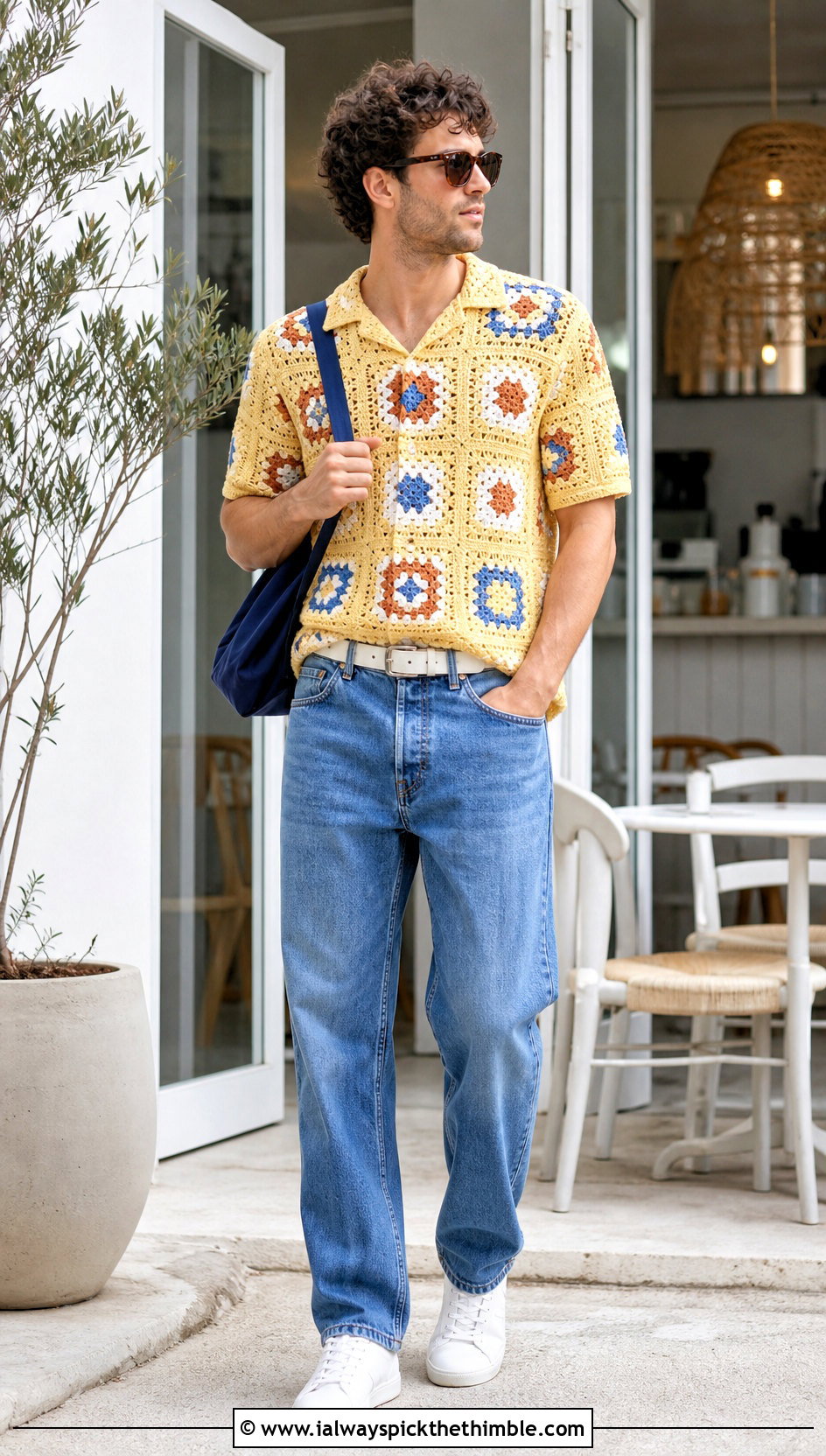 Granny Square Crochet Shirt With Straight Leg Jeans - 25 men's crochet shirt outfit ideas