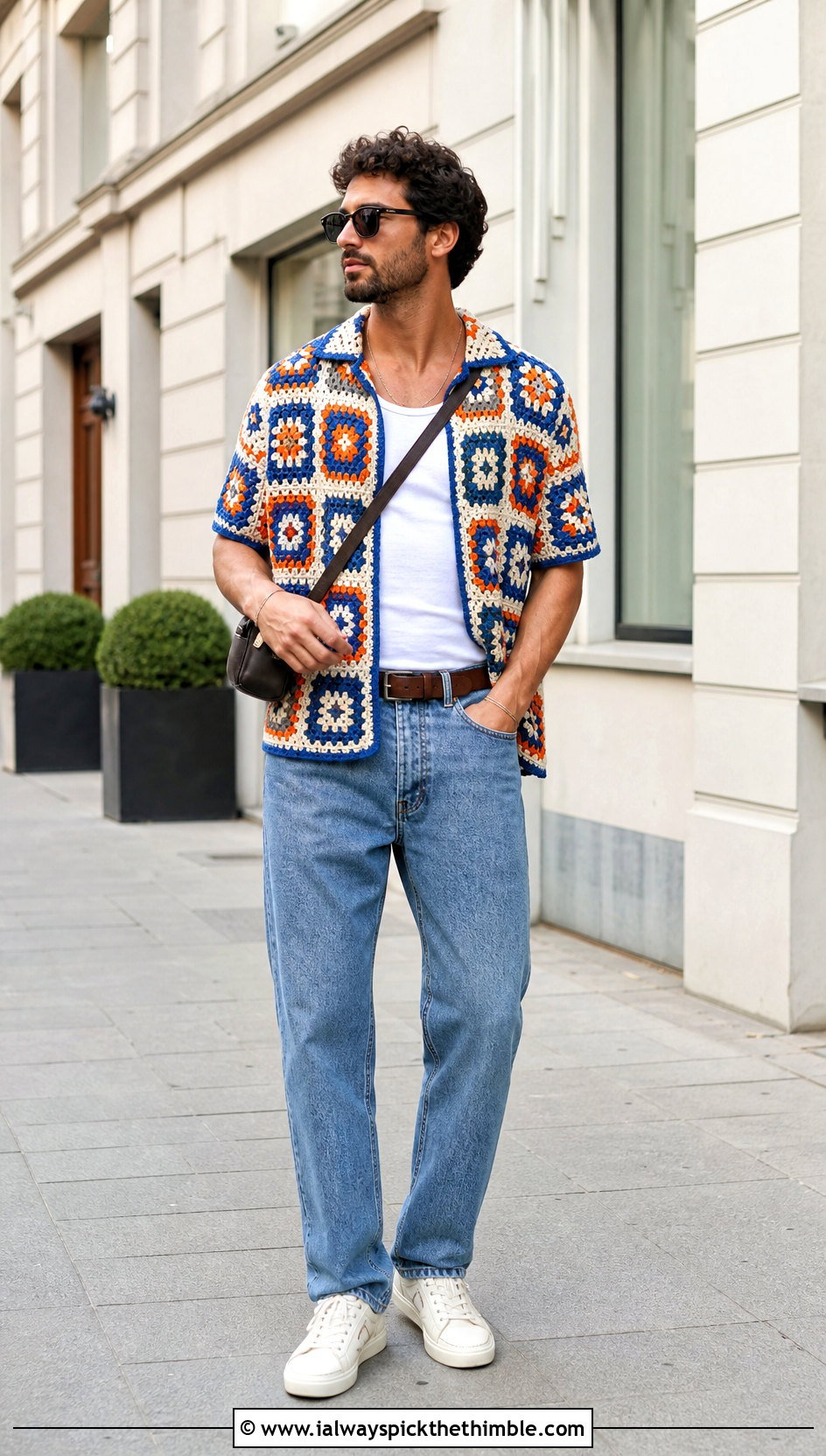 Granny Square Crochet Shirt With Straight Leg Jeans - 25 crochet male shirt outfit ideas