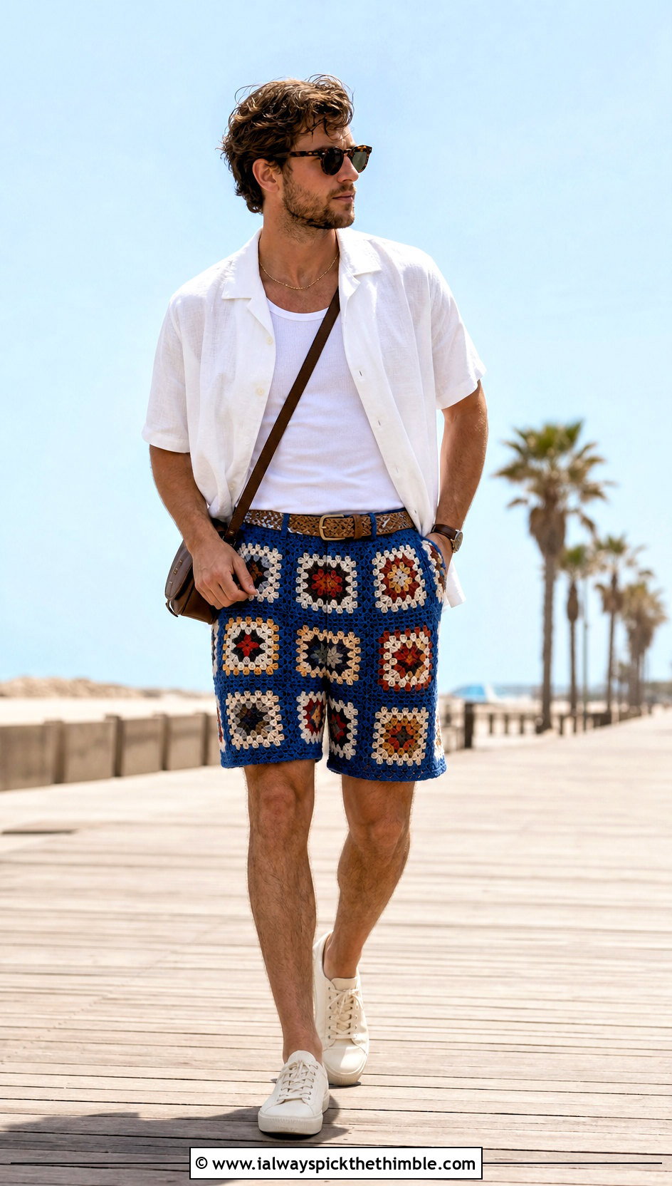 Granny Square Crochet Shorts With White Camp Shirt - 15 crochet shorts men outfit ideas