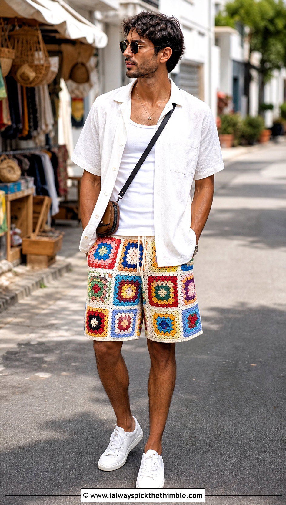 Granny Square Crochet Shorts With White Camp Shirt - 20 Crochet Shorts Mens outfit ideas