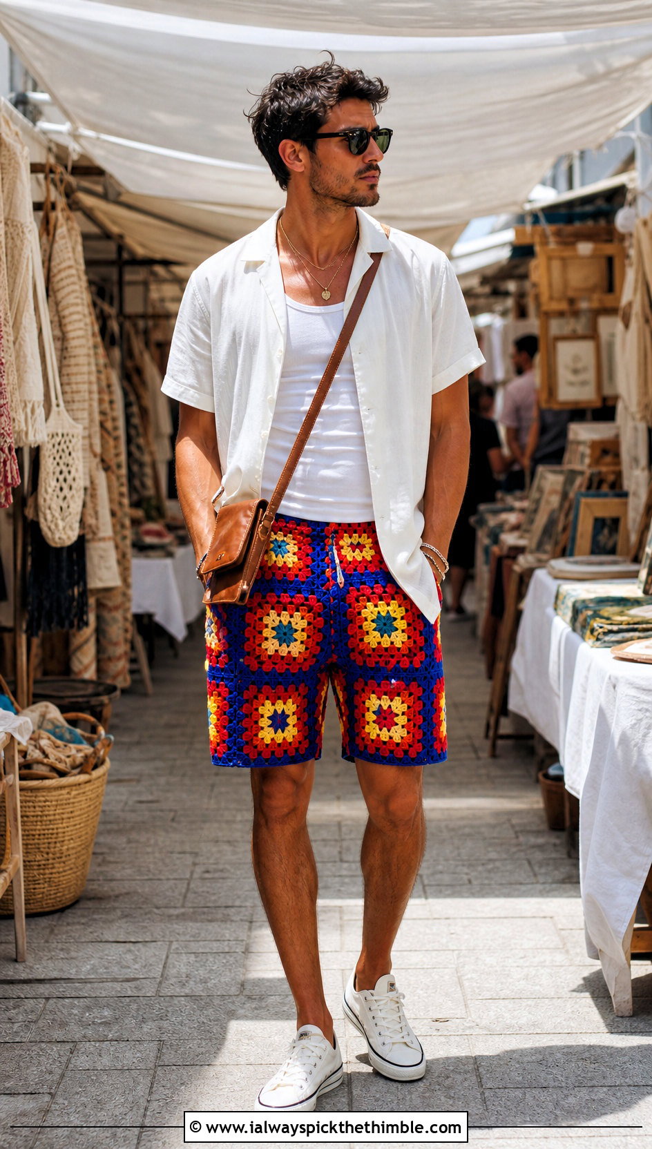Granny Square Crochet Shorts With White Camp Shirt - 15 Crochet Mens Shorts For Men outfit ideas
