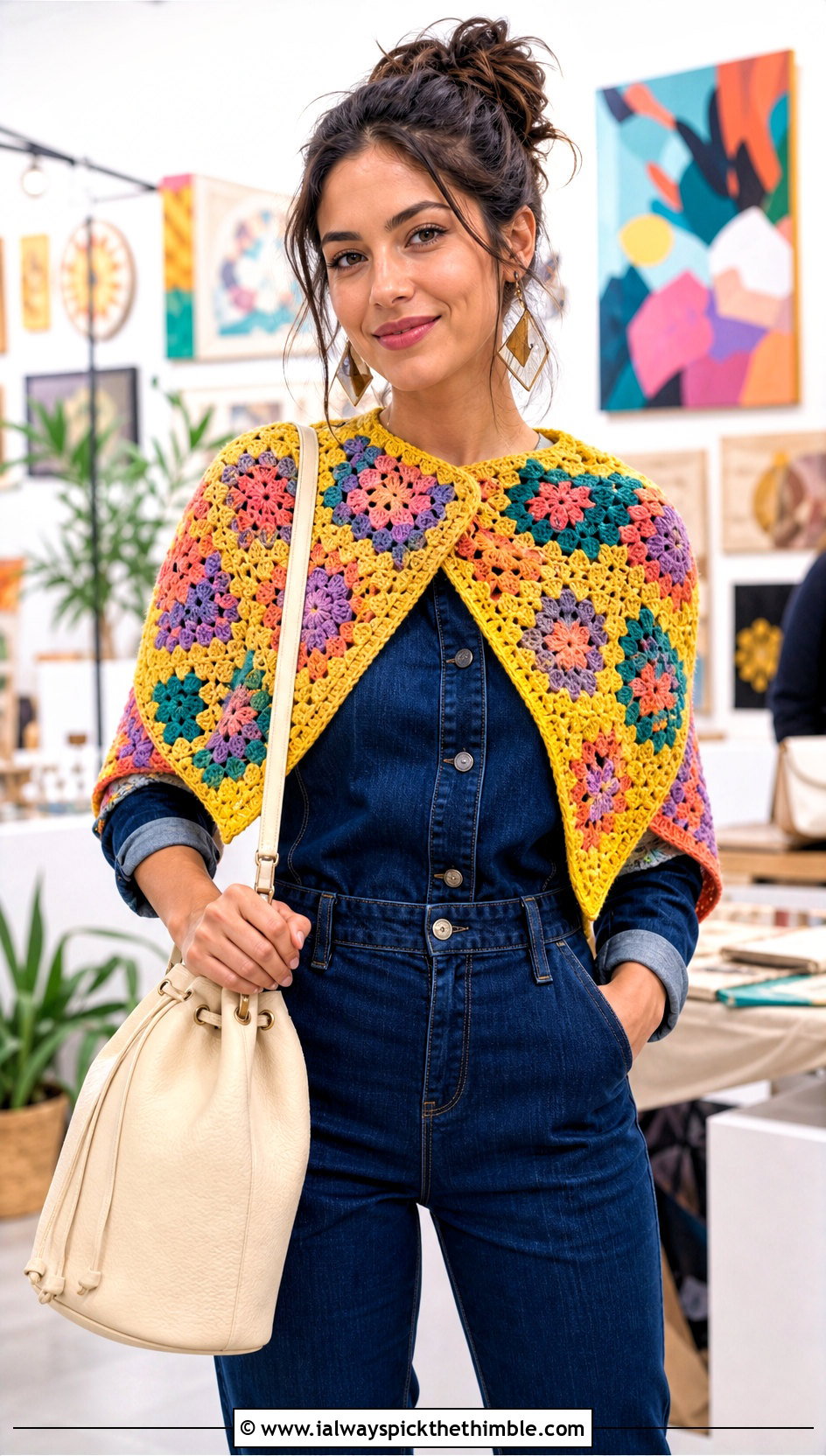 Granny Square Crochet Shoulder Shawl With Denim Jumpsuit - 20 Crochet Shoulder Shawl outfit ideas