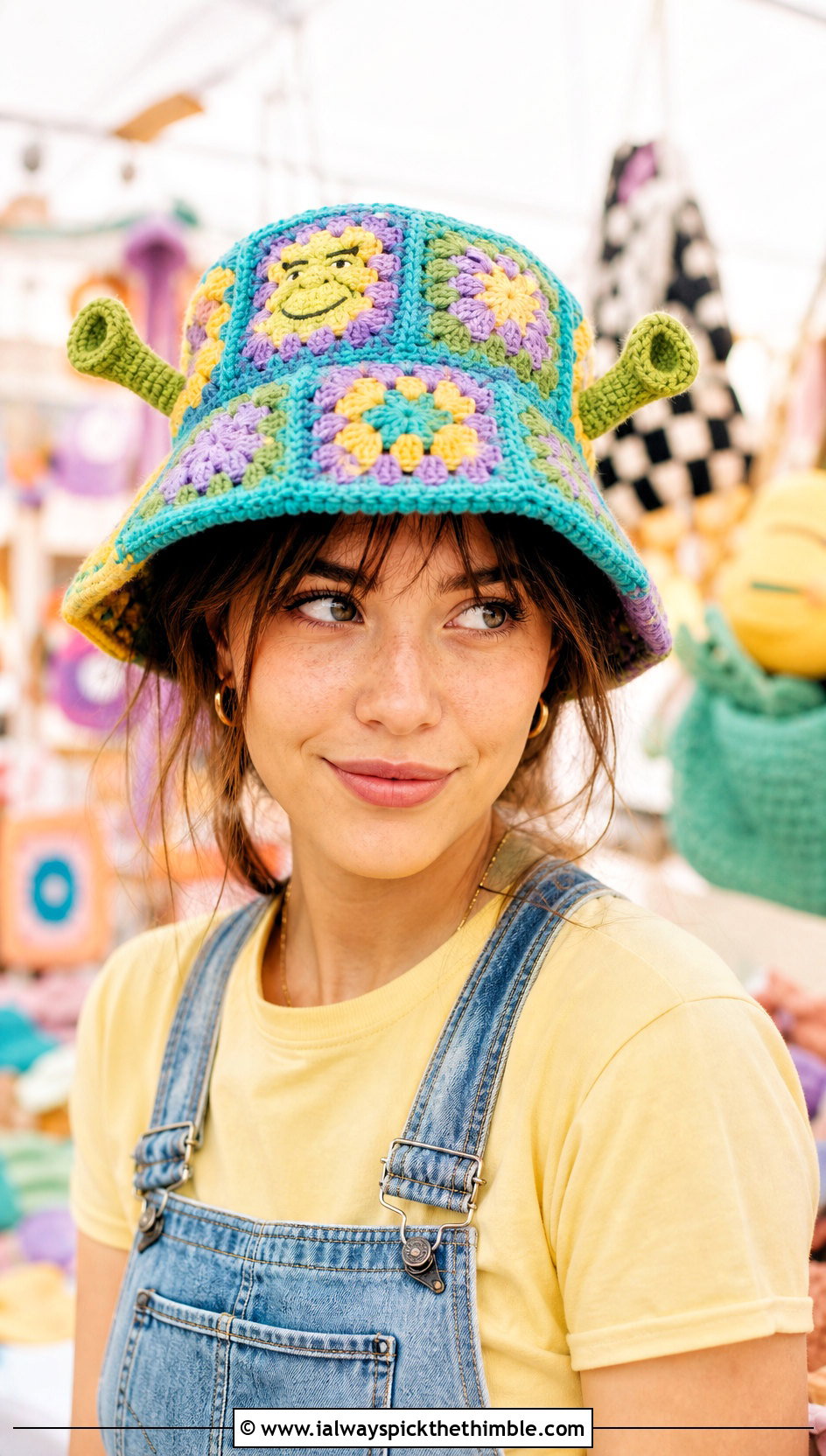 Granny Square Crochet Shrek Bucket Hat With Overalls - 25 crochet shrek hat outfit ideas