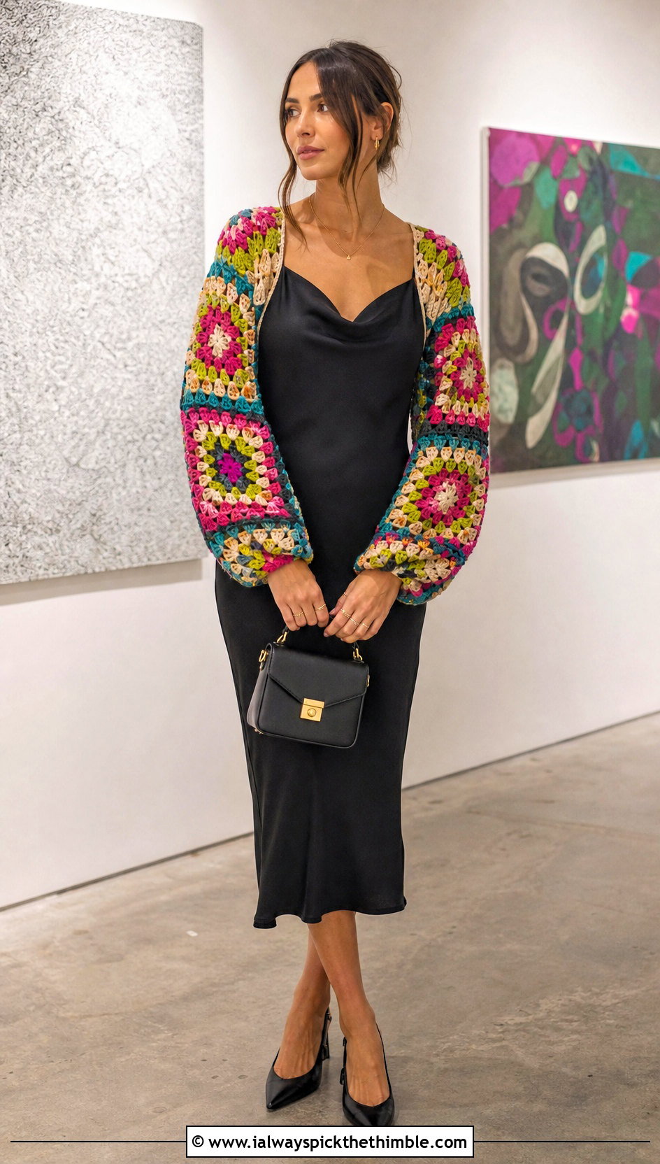 Granny Square Crochet Shrug Sleeves With Slip Dress - 20 Crochet Shrug Sleeves outfit ideas