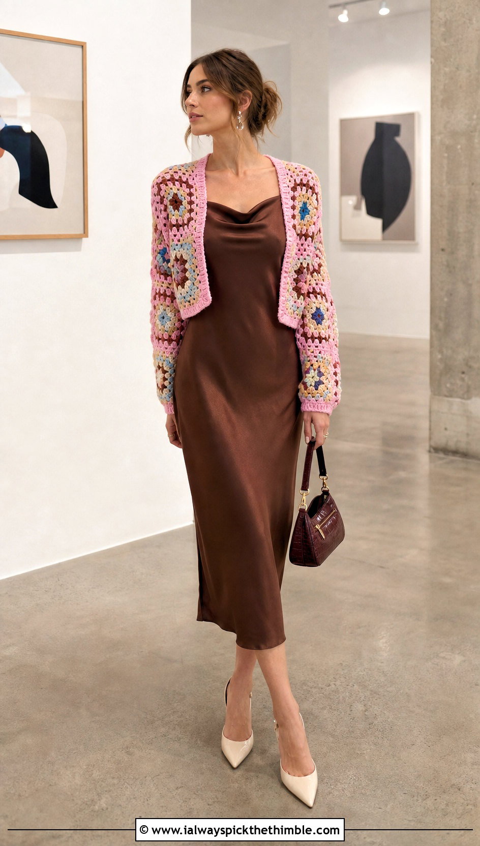 Granny Square Crochet Shrug Sweater With Slip Dress - 20 crochet shrug sweater outfit ideas