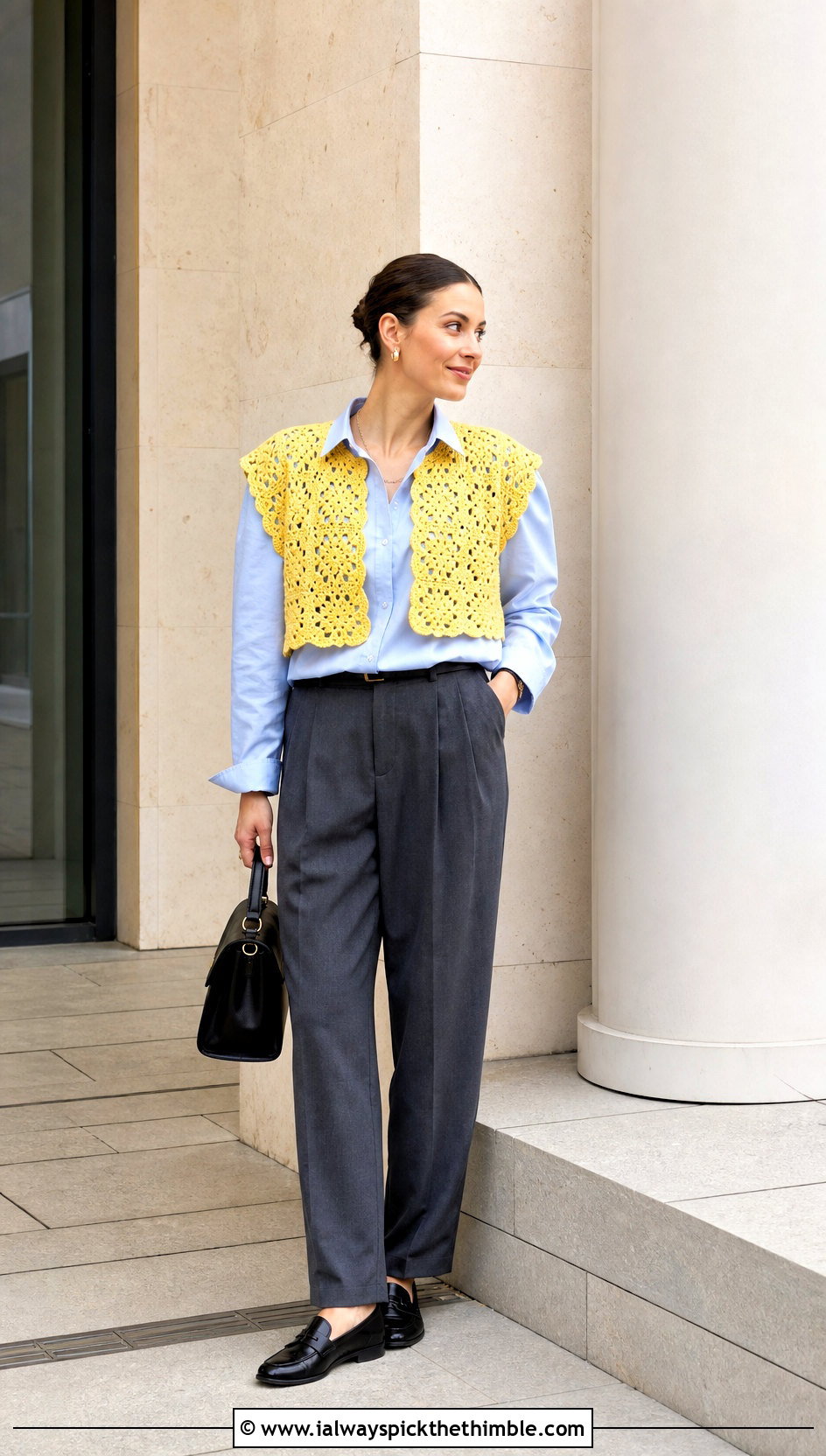 Granny Square Crochet Shrug Vest With Tailored Trousers - 15 crochet shrug vest outfit ideas