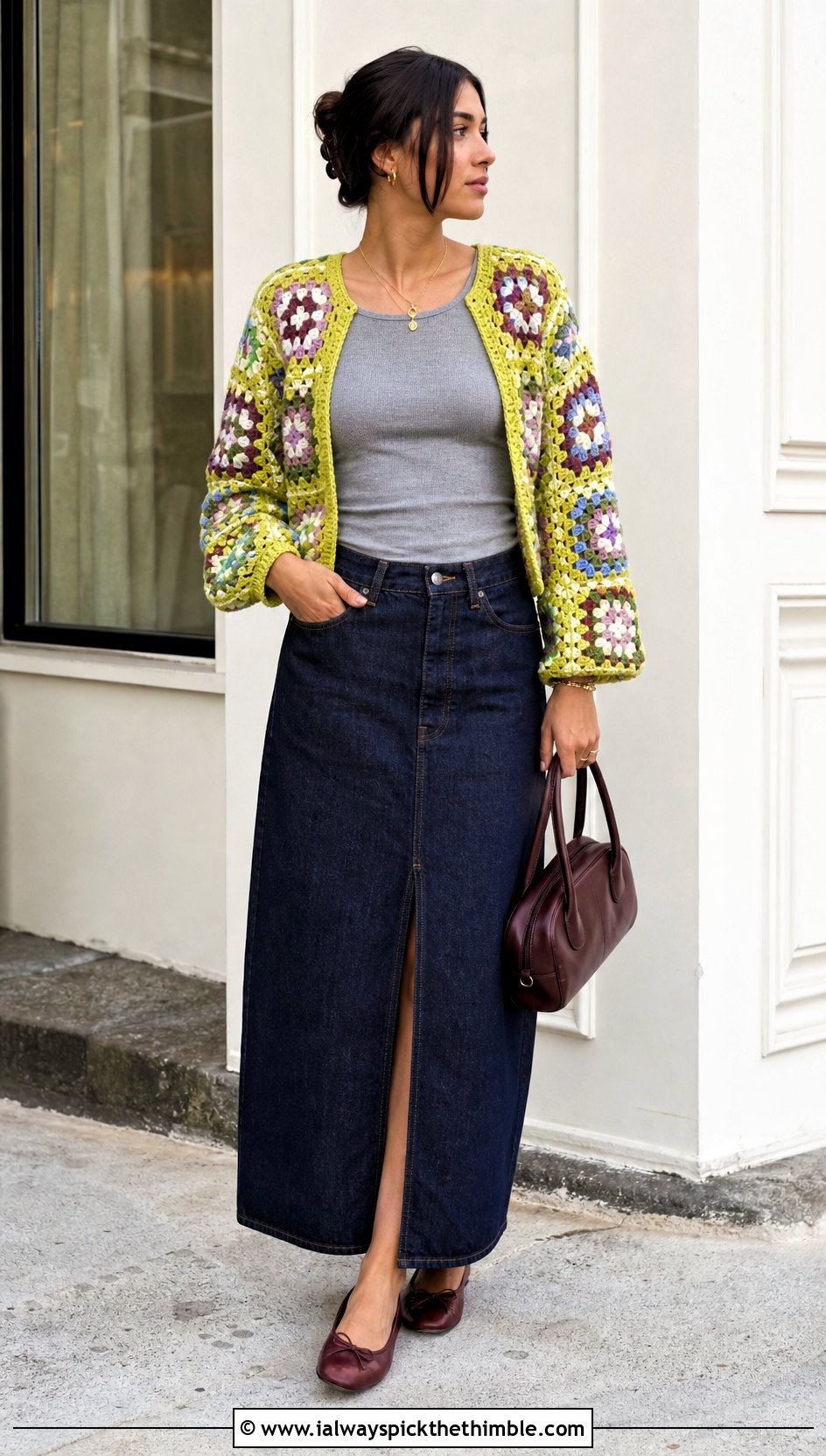 Granny Square Crochet Shrug With Denim Maxi Skirt - 20 cute crochet shrug outfit ideas