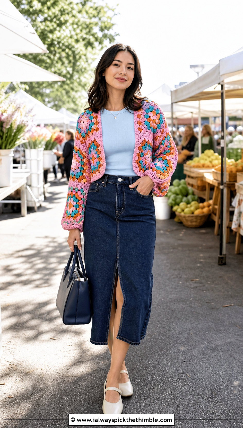 Granny Square Crochet Shrug With Denim Midi Skirt - 25 easy crochet shrug outfit ideas