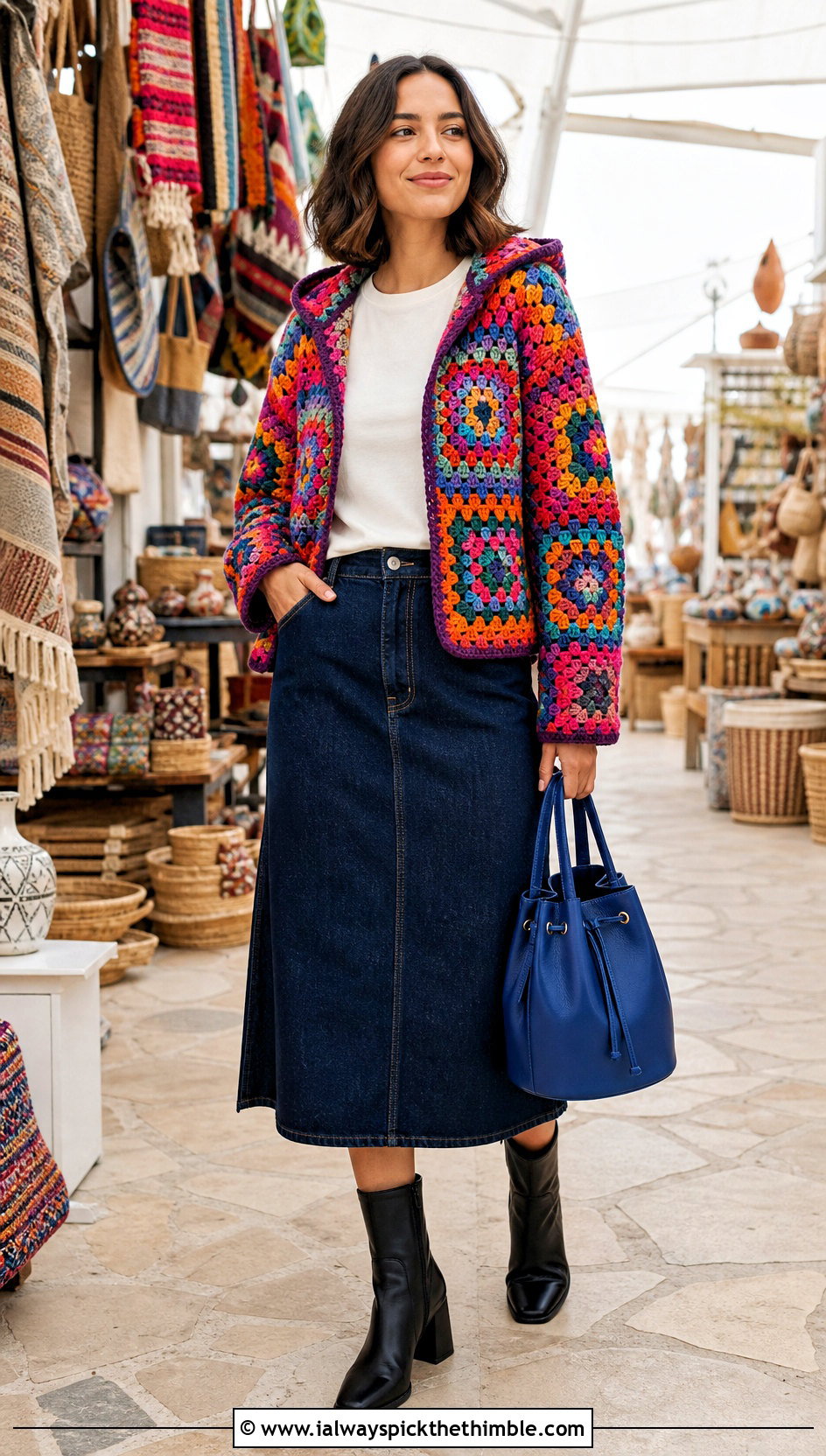 Granny Square Crochet Shrug With Hood And Denim Skirt - 20 crochet shrug with hood outfit ideas