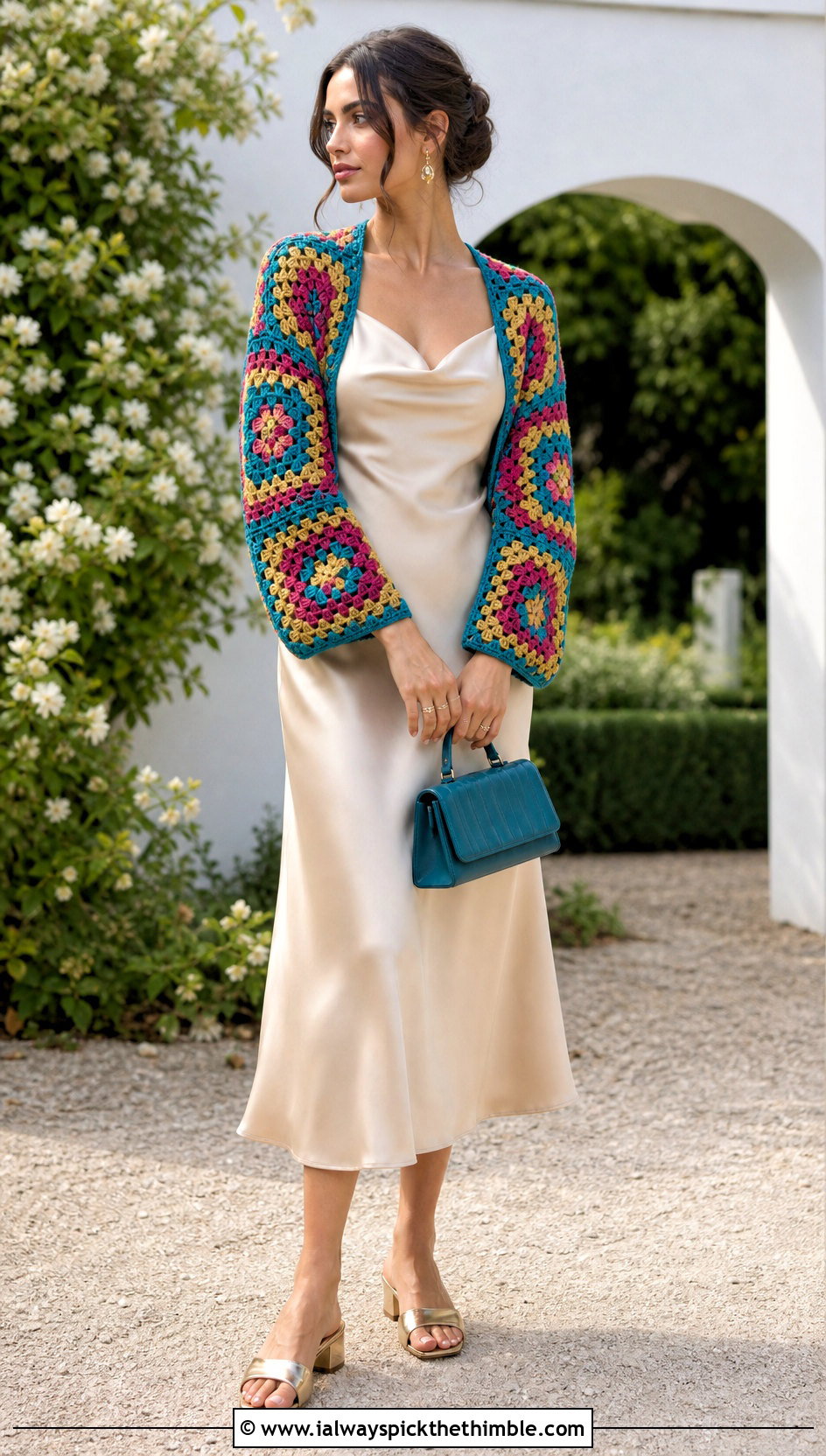 Granny Square Crochet Shrug With Satin Slip Dress - 20 Crochet Shrug Cardigan outfit ideas