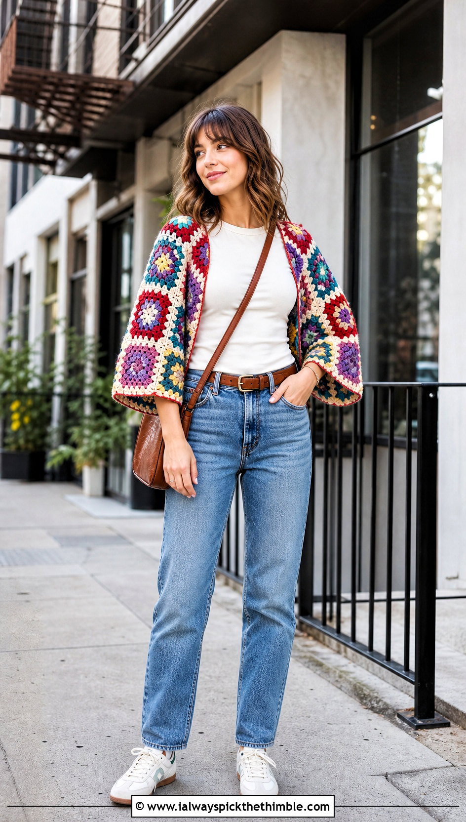 Granny Square Crochet Shrug With T Shirt And Straight Jeans - 25 crochet shrugs outfit ideas