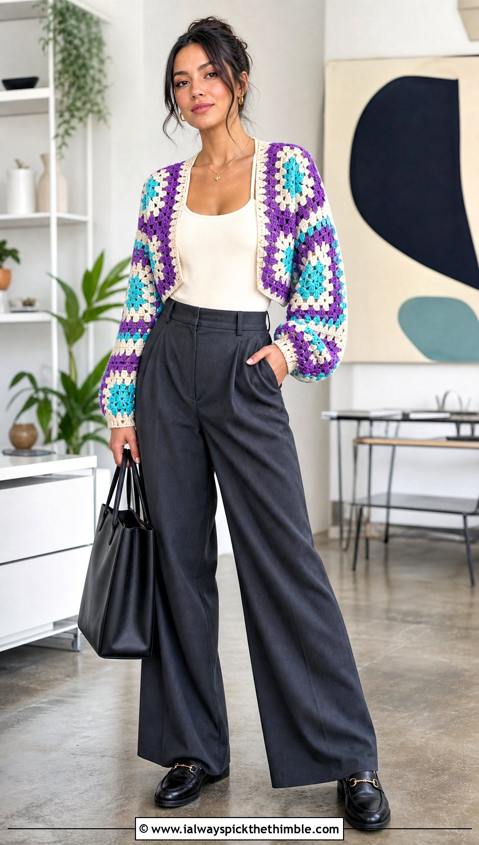 Granny Square Crochet Shrug With Tailored Trousers - 20 easy simple crochet shrug outfit ideas