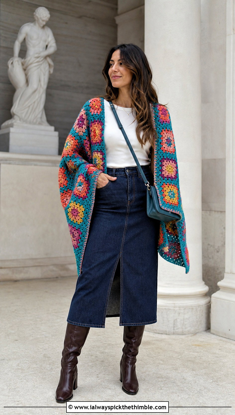 Granny Square Crochet Shrug Wrap With Denim Skirt - 20 crochet shrug wrap outfit ideas