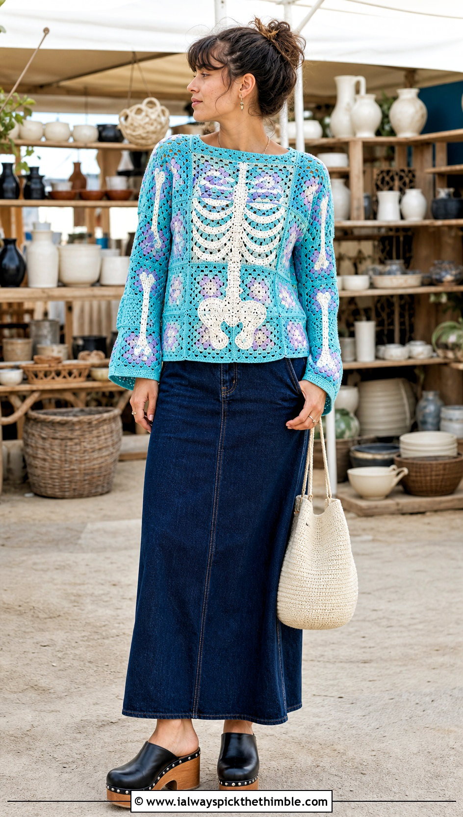 Granny Square Crochet Skeleton Sweater With Denim Maxi Skirt - 20 Crochet Skeleton Sweater outfit ideas