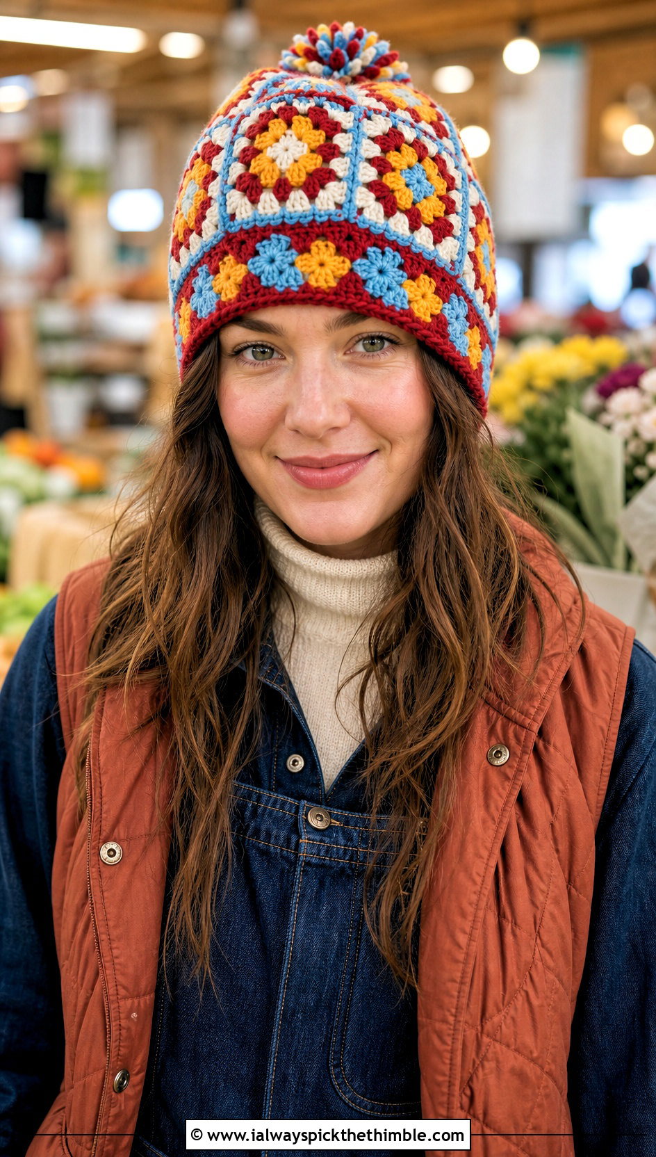 Granny Square Crochet Ski Hat With Denim Jumpsuit - 20 crochet ski hat outfit ideas