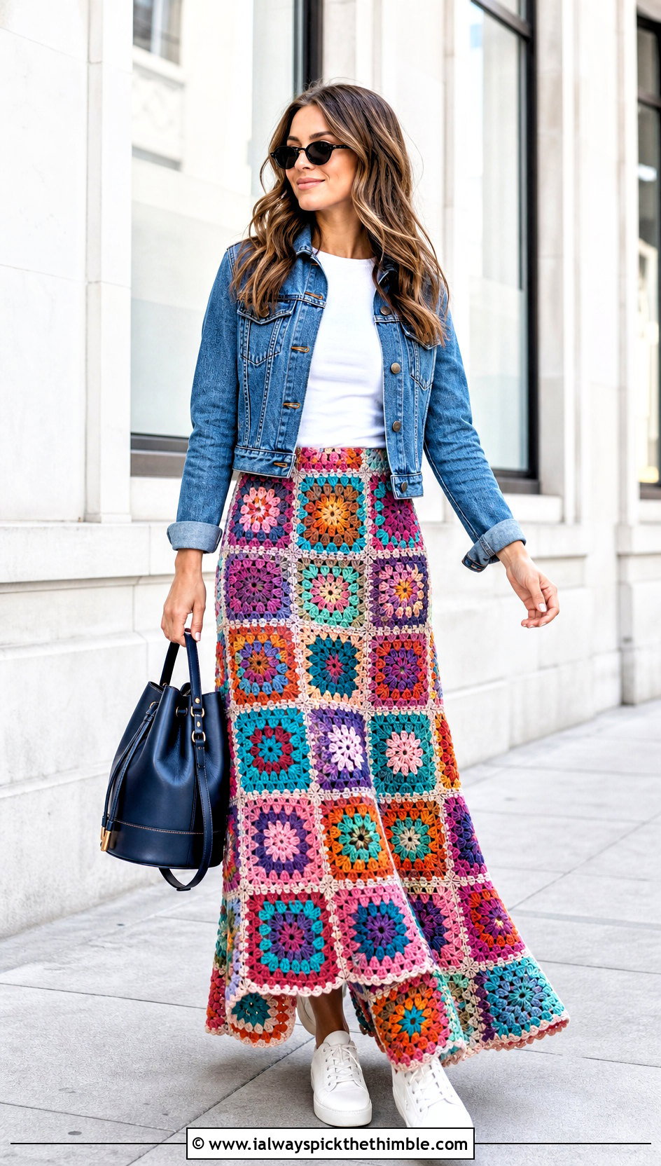 Granny Square Crochet Skirt With Denim Jacket - 25 crochet flowy skirt outfit ideas