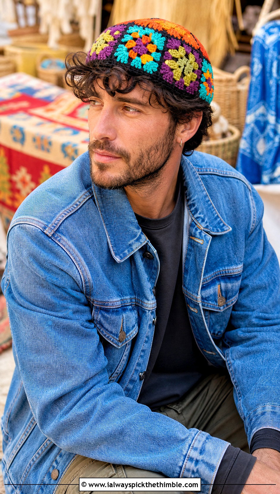 Granny Square Crochet Skull Cap With Denim Jacket And Cargos - 20 Mens Crochet Skull Cap outfit ideas