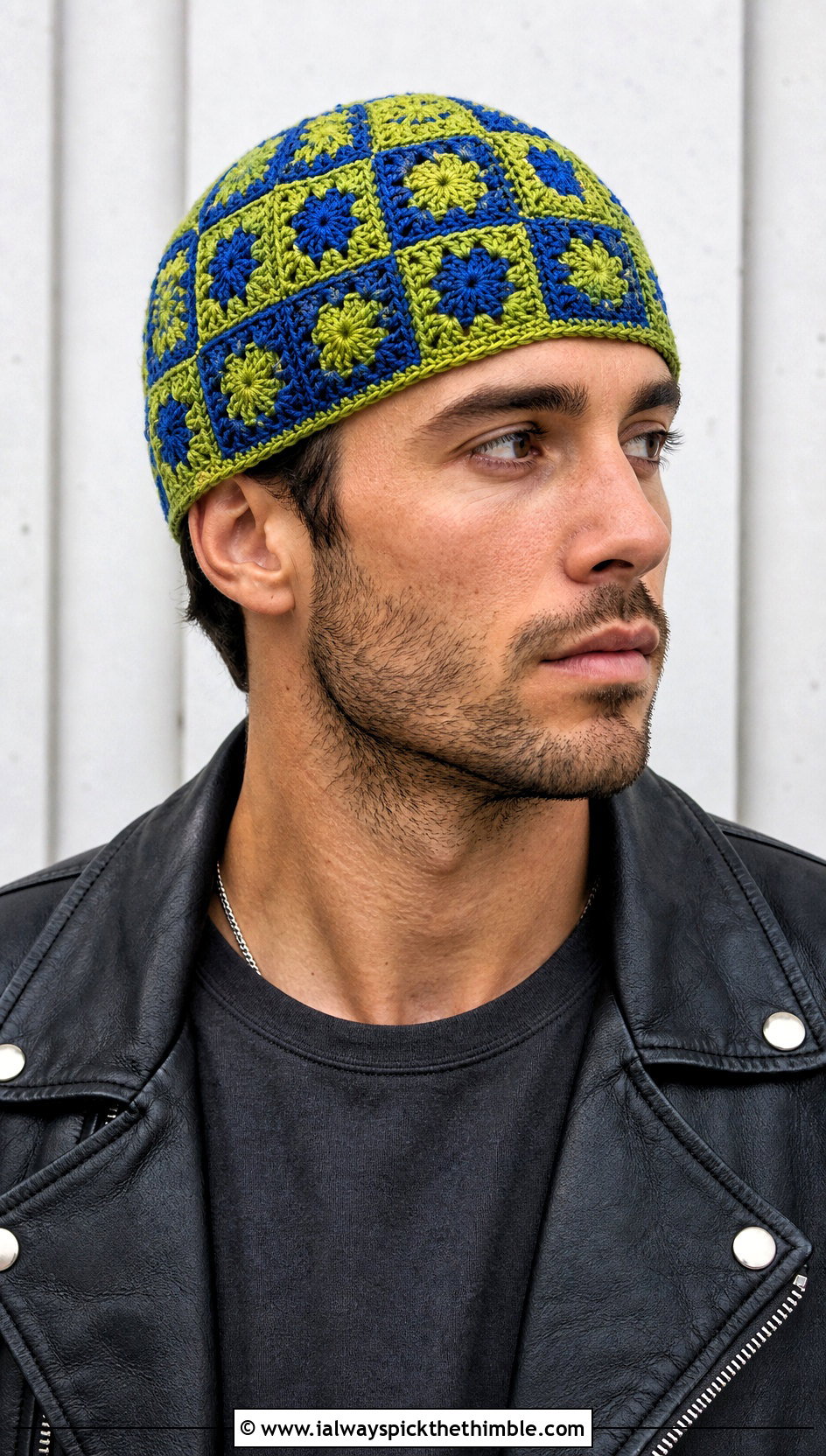 Granny Square Crochet Skull Cap With Leather Jacket - 20 Crochet Skull Cap For Men outfit ideas
