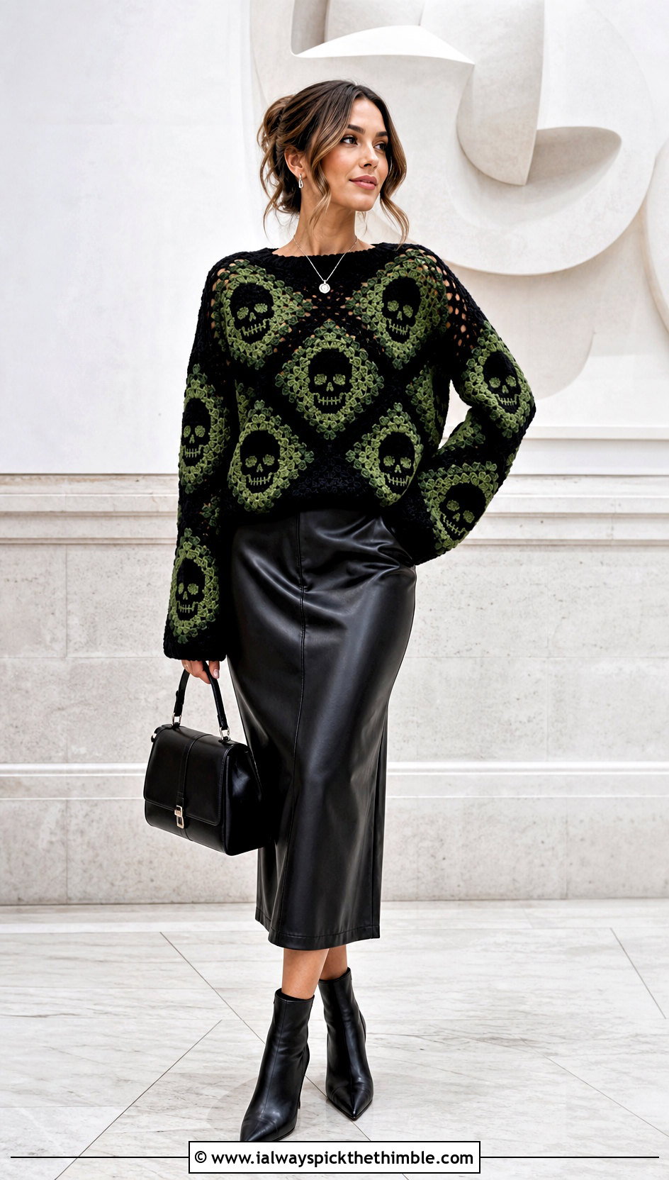 Granny Square Crochet Skull Sweater With Leather Midi Skirt - 25 crochet skull sweater outfit ideas