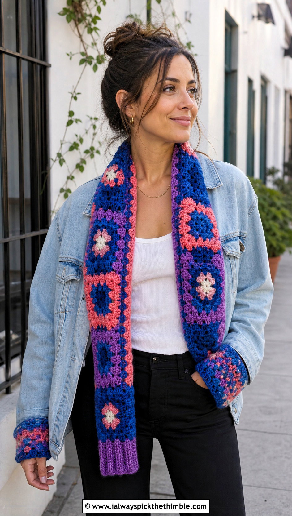 Granny Square Crochet Sleeve Scarf With Denim Jacket - 20 crochet sleeve scarf outfit ideas