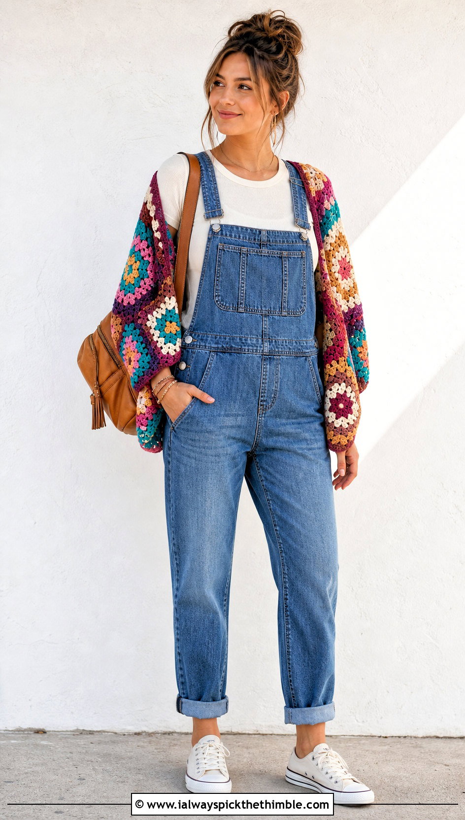 Granny Square Crochet Sleeve Wrap With Denim Overalls - 25 crochet wrap with sleeves outfit ideas