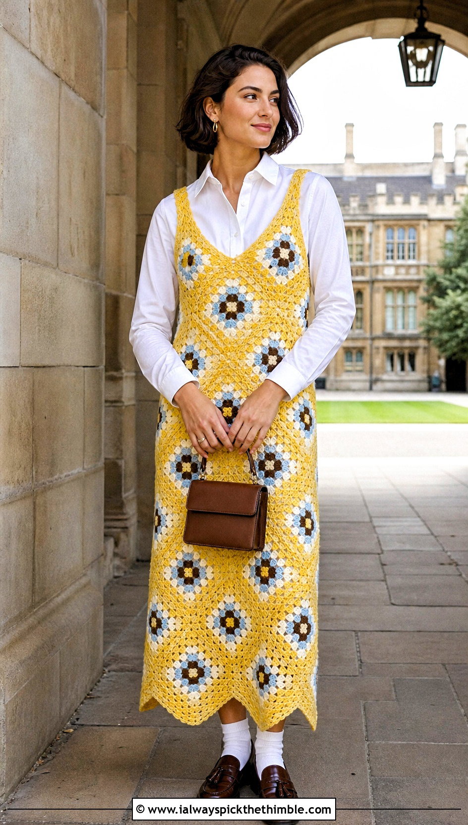 Granny Square Crochet Slip Dress With White Shirt - 20 crochet slip dress outfit ideas