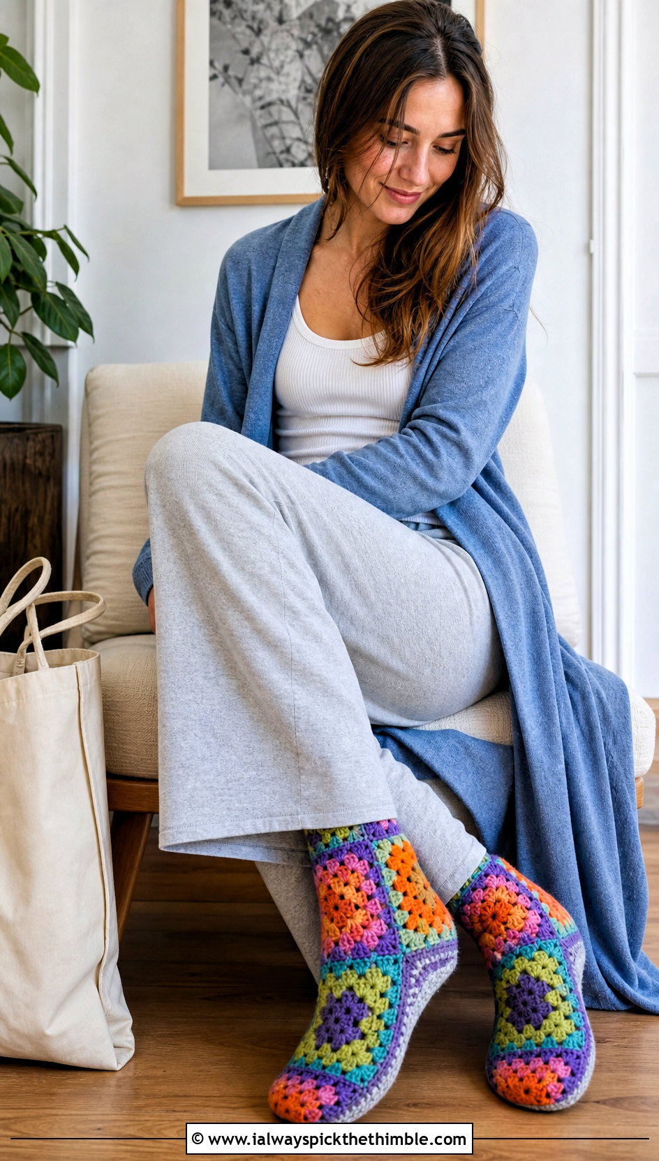 Granny Square Crochet Slipper Socks With A Lounge Set - 25 crochet socks for beginners outfit ideas