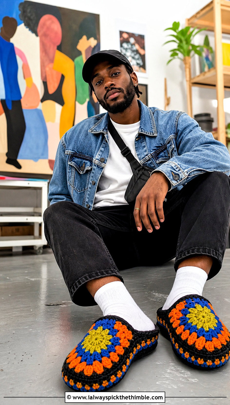 Granny Square Crochet Slippers With Denim Jacket Outfit - 20 crochet slippers for men outfit ideas