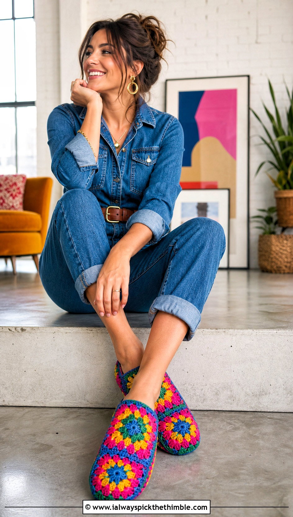 Granny Square Crochet Slippers With Denim Jumpsuit - 25 crocheted slippers outfit ideas