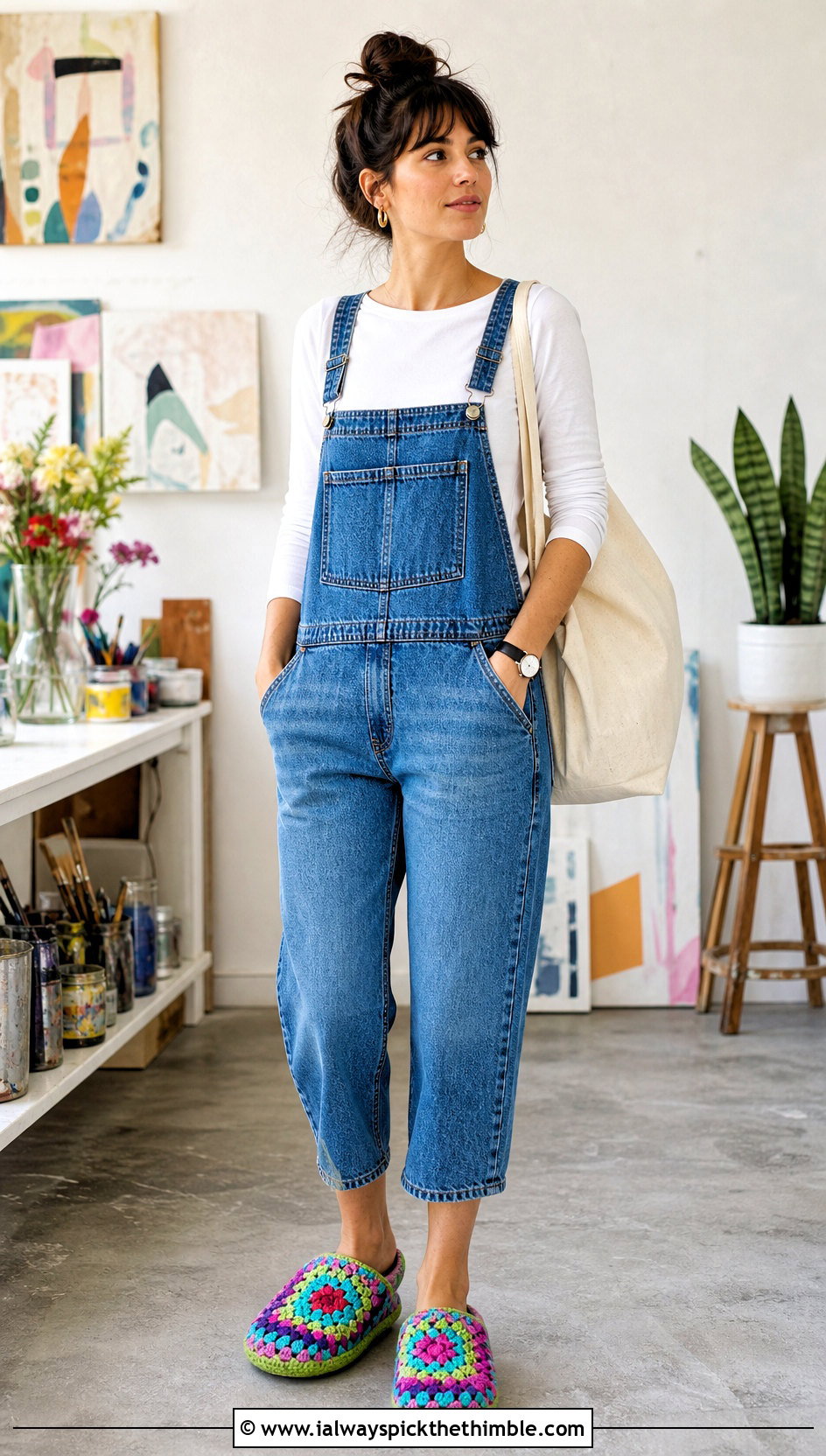 Granny Square Crochet Slippers With Denim Overalls - 15 easy flat crochet slippers outfit ideas