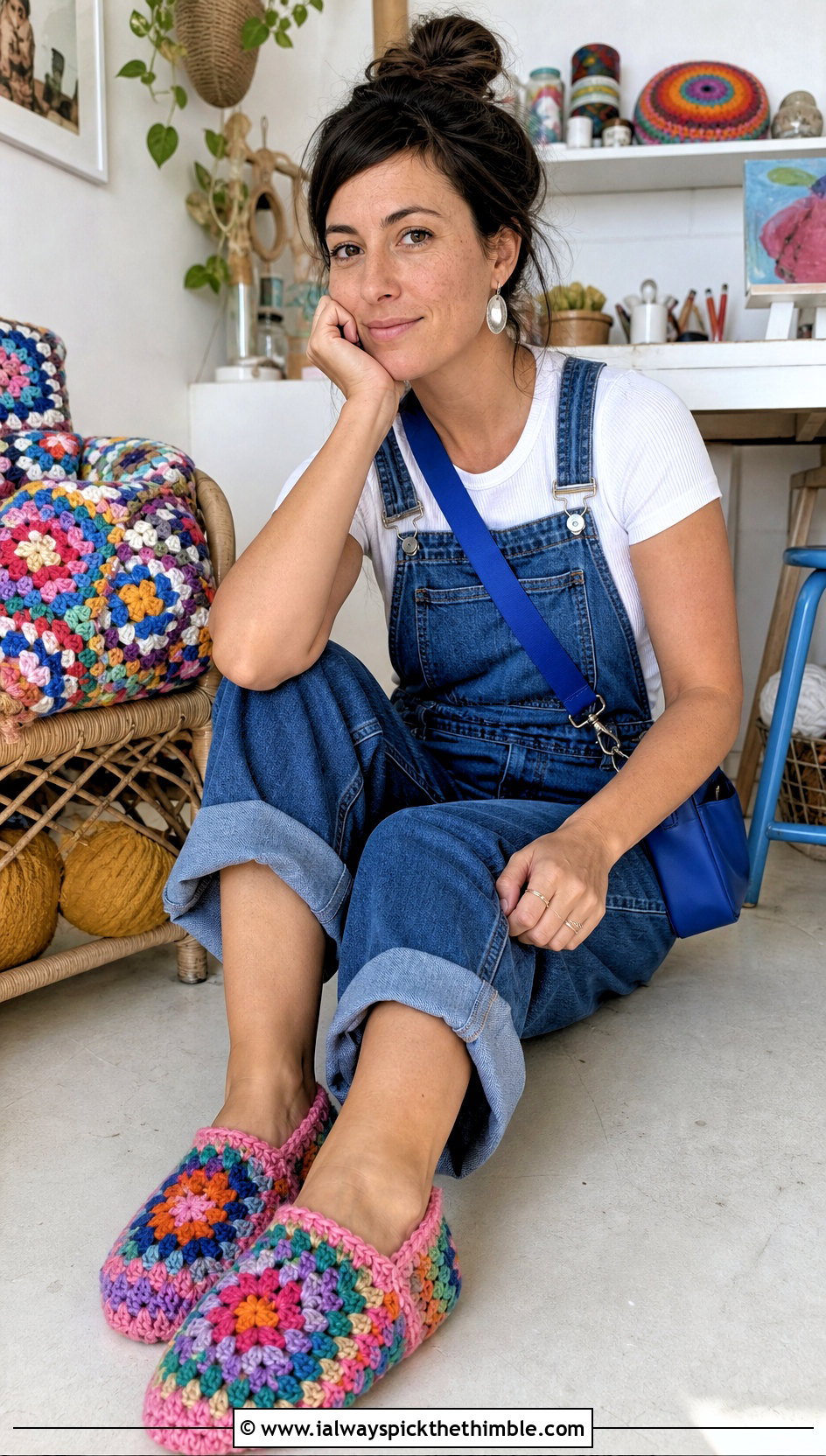 Granny Square Crochet Slippers With Denim Overalls - 20 Quick And Easy Crochet Slippers outfit ideas