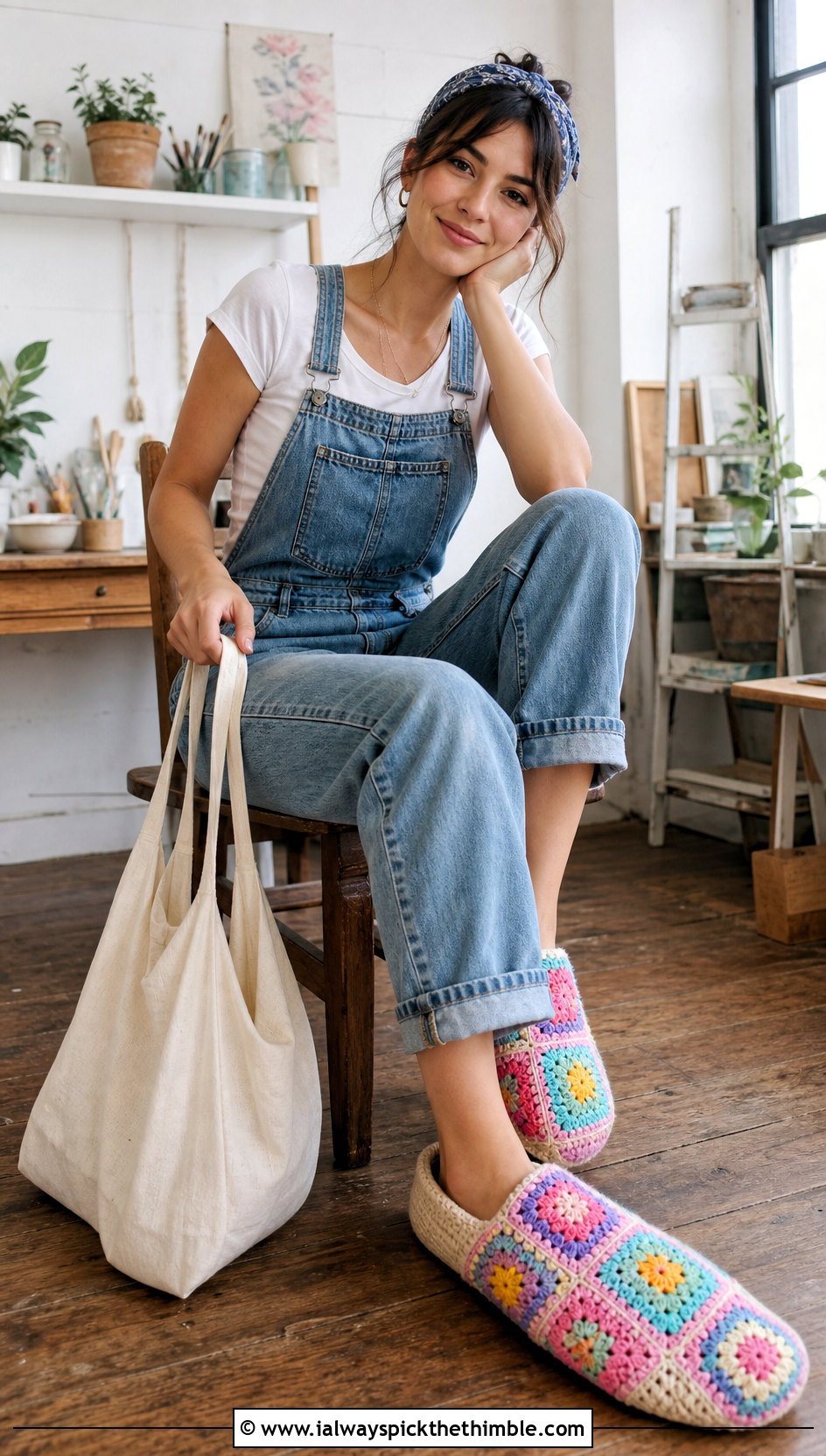 Granny Square Crochet Slippers With Denim Overalls - 25 easy crochet slippers outfit ideas