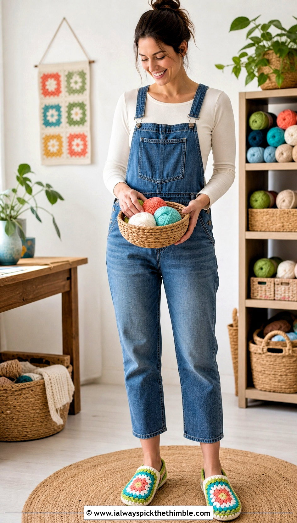 Granny Square Crochet Slippers With Denim Overalls - 15 Easy Crochet House Slippers Stephanie Zed outfit ideas