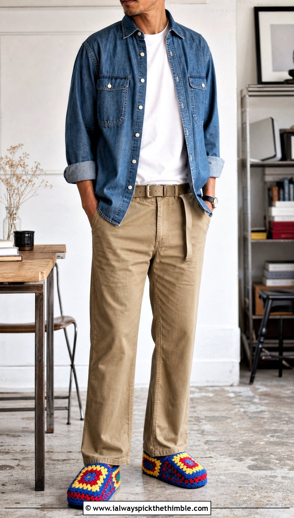 Granny Square Crochet Slippers With Denim Shirt - 20 crochet men's slippers outfit ideas