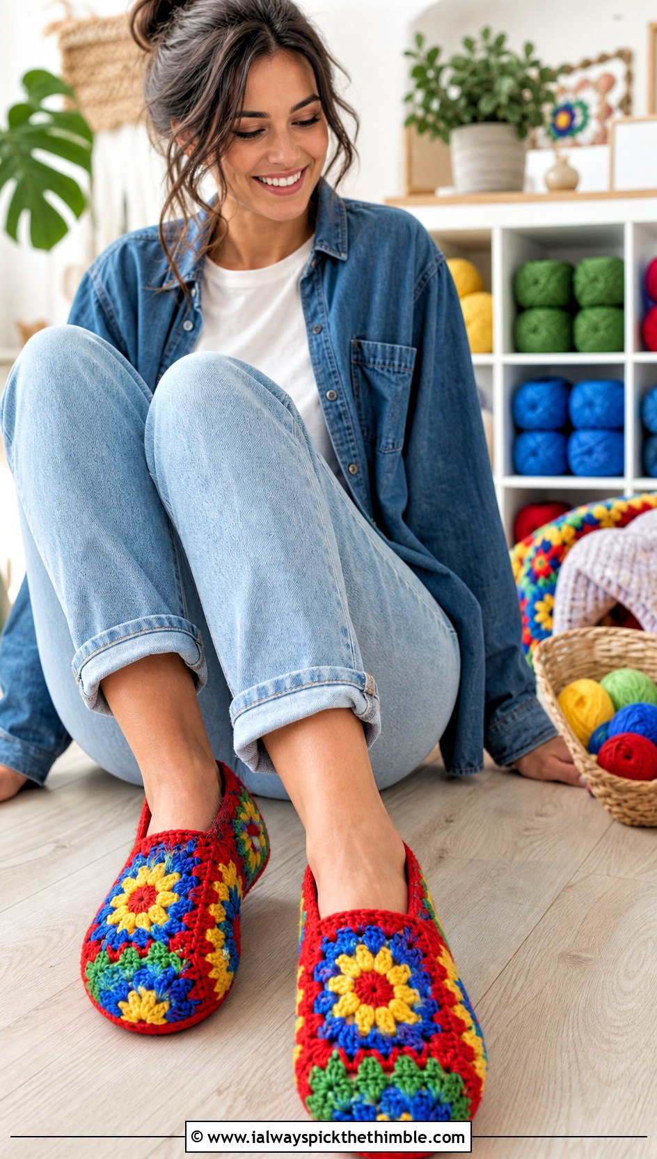 Granny Square Crochet Slippers With Jeans And T Shirt - 20 simple crochet slippers outfit ideas