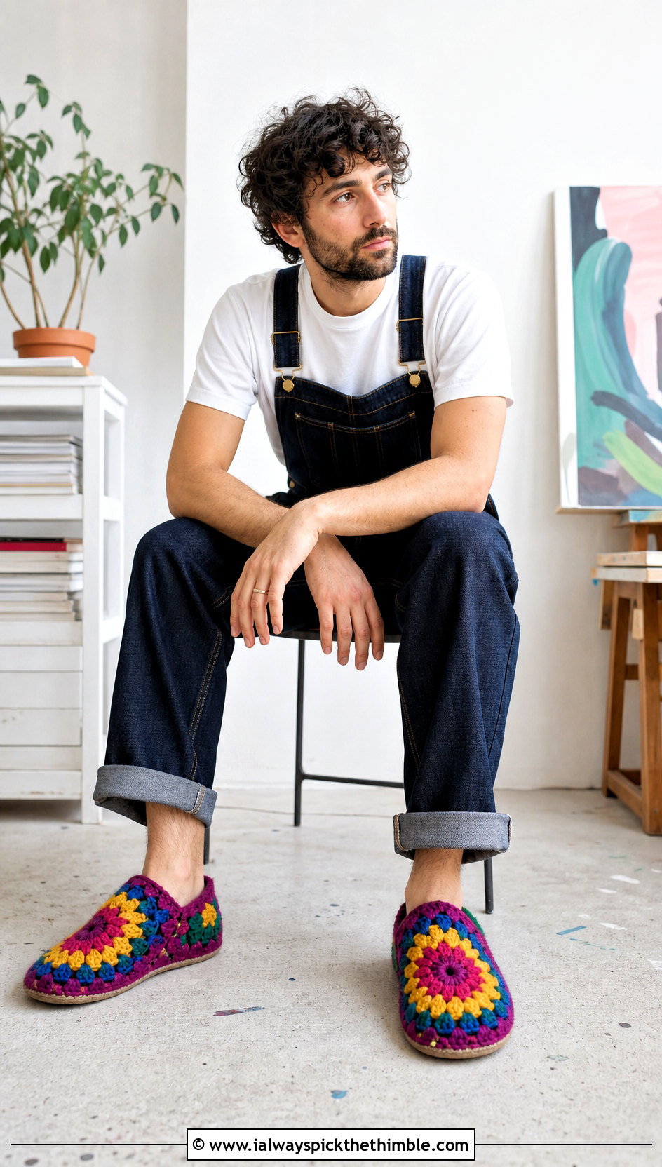 Granny Square Crochet Slippers With Overalls And T Shirt - 20 easy mens crochet slippers outfit ideas