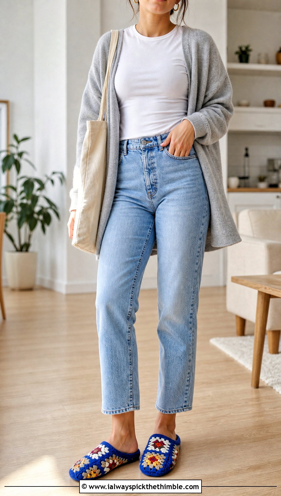 Granny Square Crochet Slippers With Straight Leg Jeans - 20 Women's Crochet Slippers For Women outfit ideas