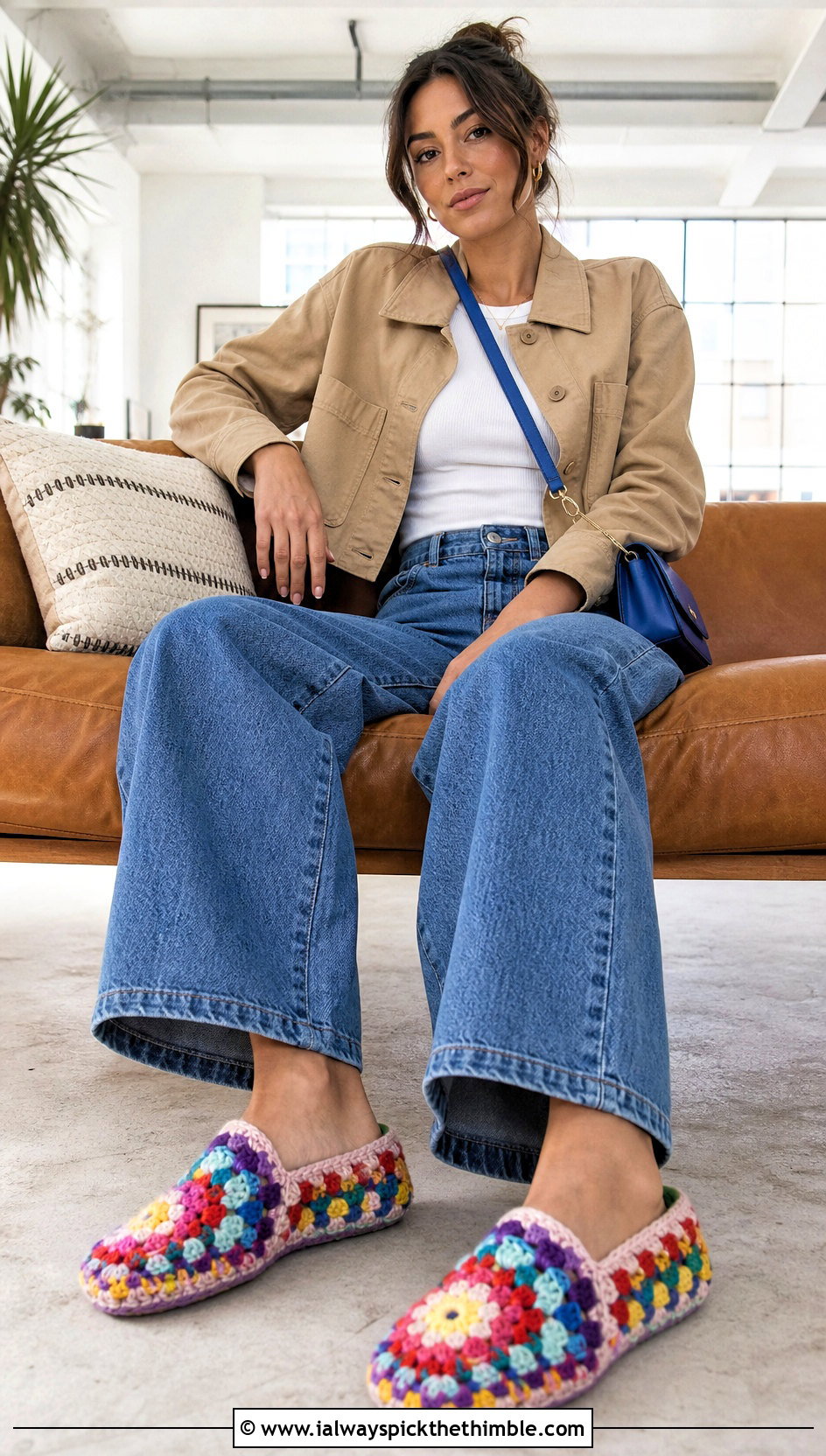 Granny Square Crochet Slippers With Wide Leg Jeans - 15 Women's Crochet Slippers outfit ideas