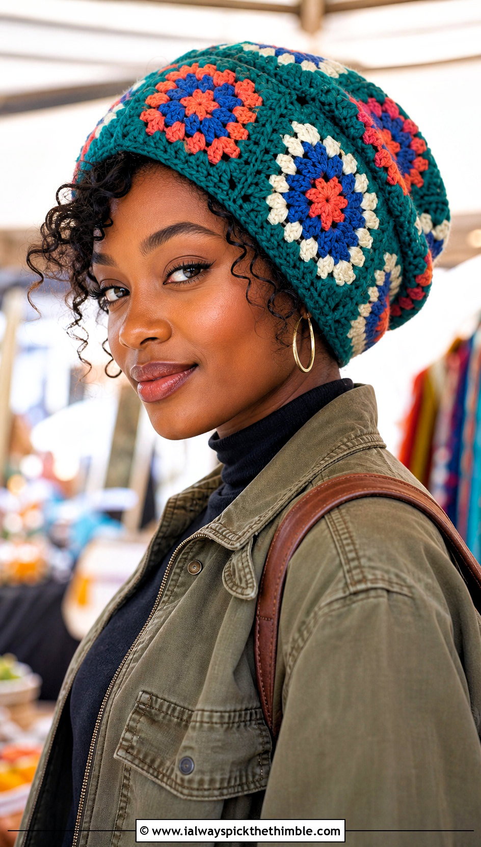 Granny Square Crochet Slouch Beanie With Utility Jacket - 25 crochet slouch beanie outfit ideas