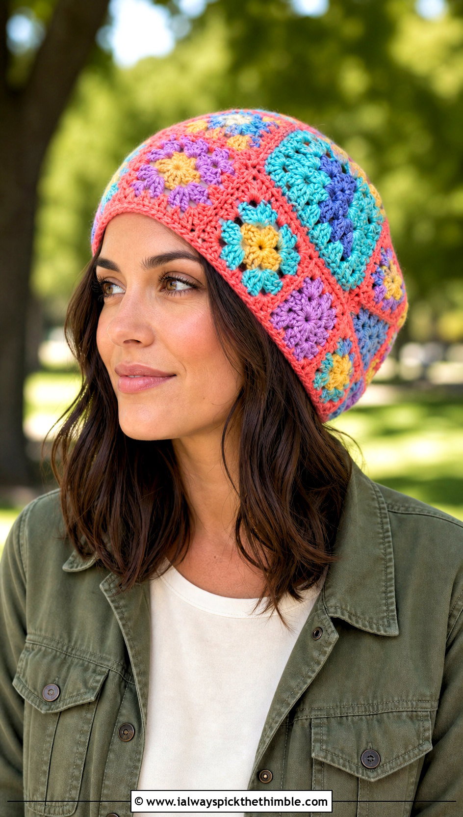 Granny Square Crochet Slouch Hat With Utility Jacket - 20 easy crochet slouch hat outfit ideas