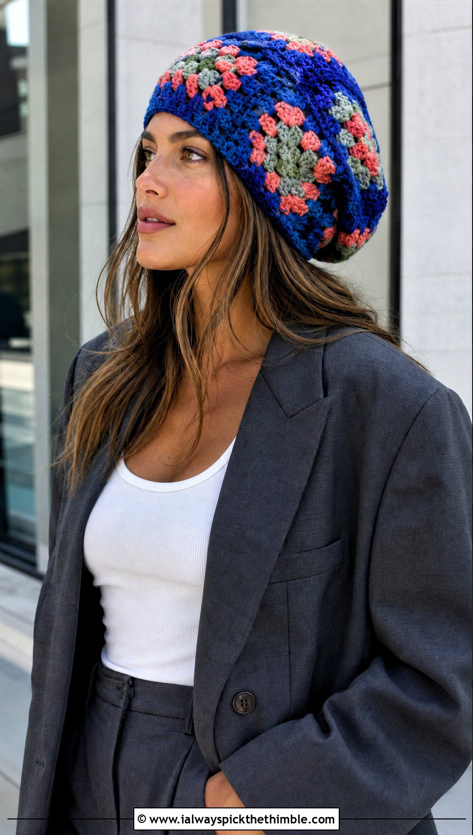 Granny Square Crochet Slouchy Hat With Oversized Suit - 25 crochet slouchy hat outfit ideas