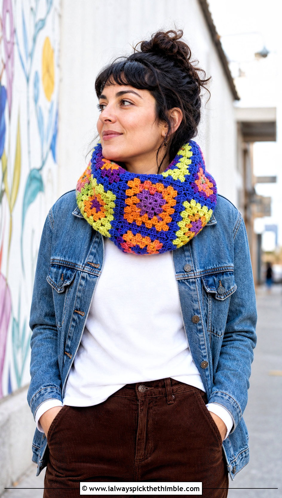Granny Square Crochet Snood Cowl With Denim Jacket - 20 crochet snood cowl outfit ideas