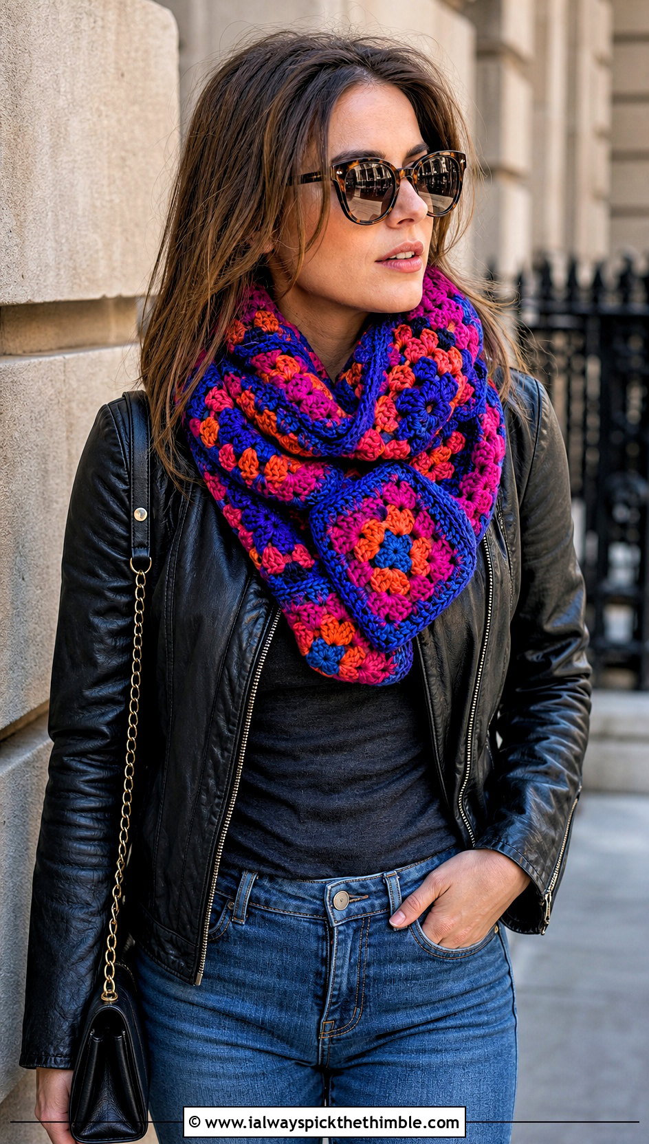 Granny Square Crochet Snood Scarf With Leather Jacket - 20 crochet snood scarf outfit ideas