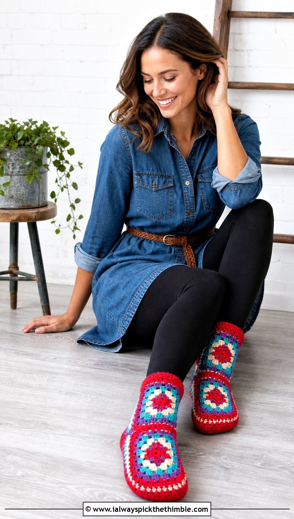Granny Square Crochet Sock Slippers With Denim Shirt Dress - 20 crochet sock slippers outfit ideas