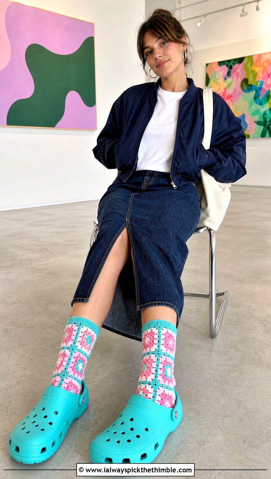 Granny Square Crochet Socks With Denim Midi Skirt - 20 croc crochet socks outfit ideas