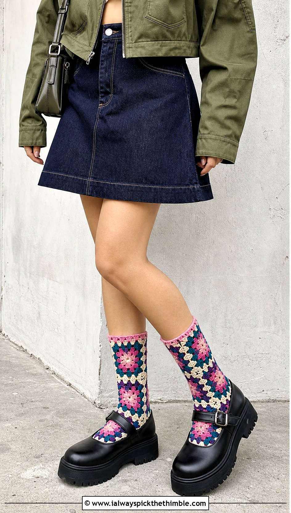 Granny Square Crochet Socks With Mary Janes And Denim Skirt - 15 crochet ladies socks outfit ideas